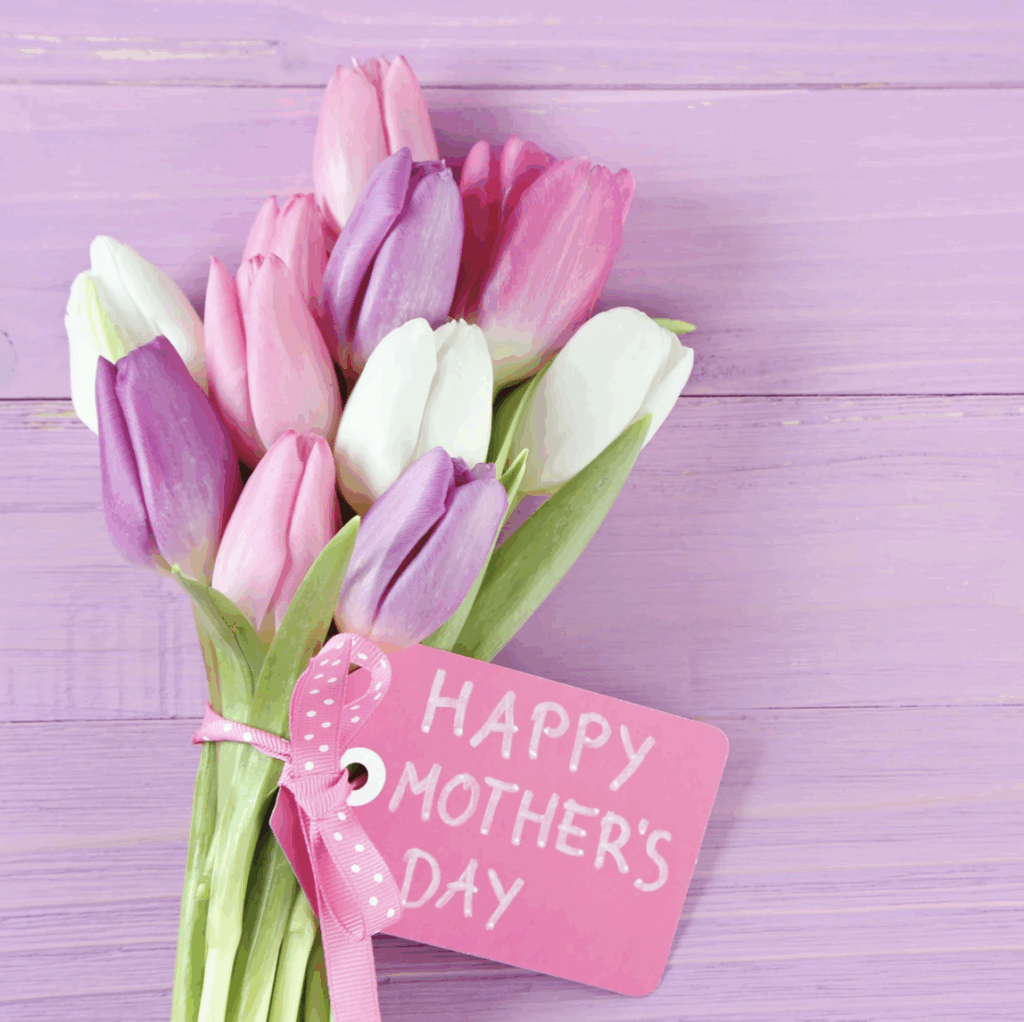 "Happy Mother's Day" on a bouquet of flowers